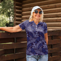 Deep Blue Monstera Women Polo Shirt Polynesian Tribal Pattern - Polynesian Pride