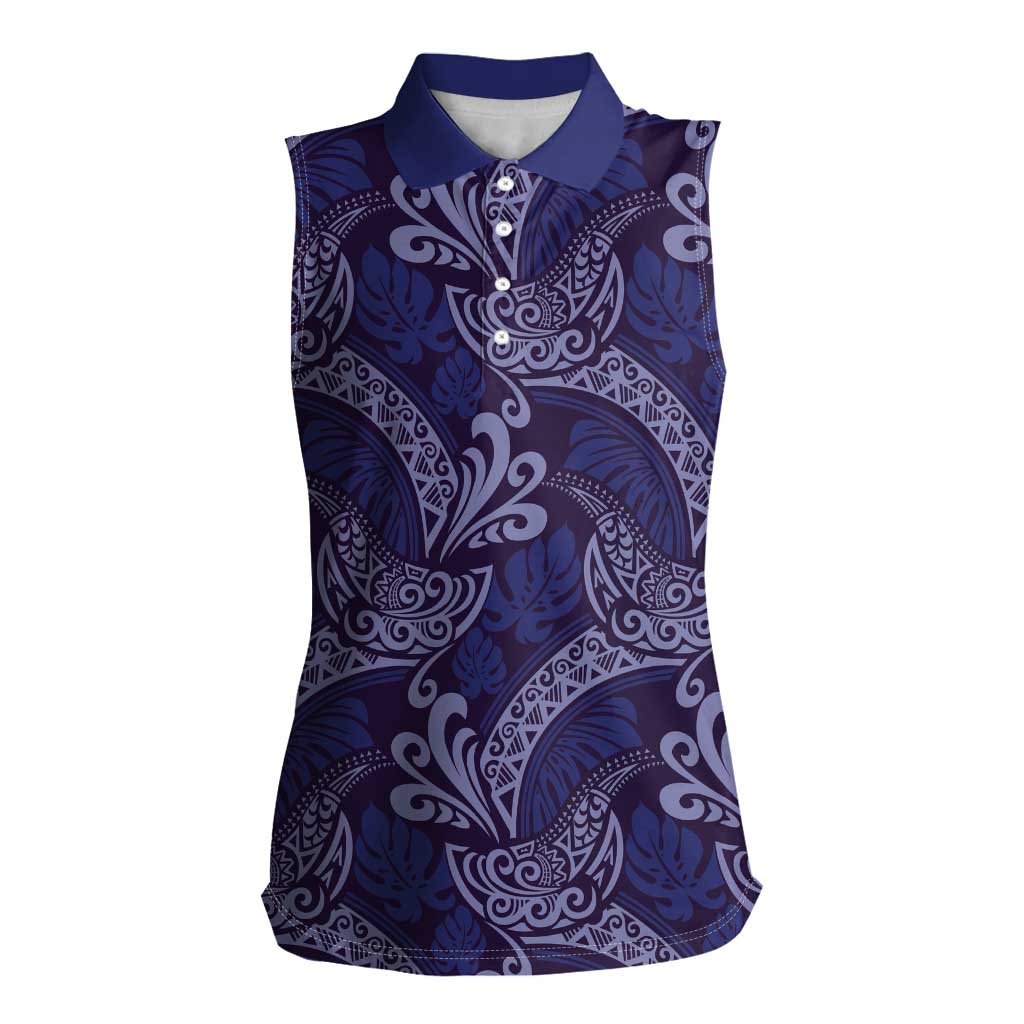 Deep Blue Monstera Women Sleeveless Polo Shirt Polynesian Tribal Pattern - Polynesian Pride
