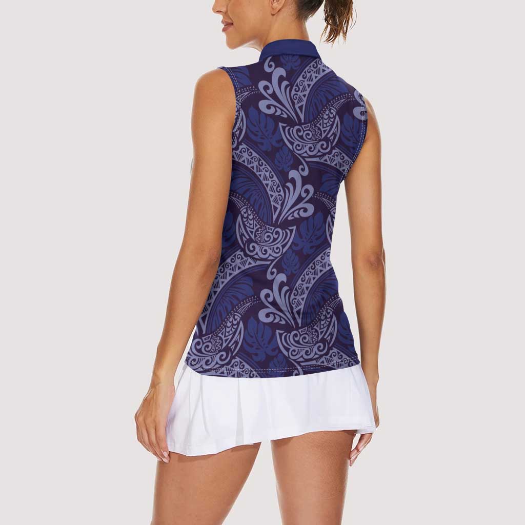 Deep Blue Monstera Women Sleeveless Polo Shirt Polynesian Tribal Pattern - Polynesian Pride