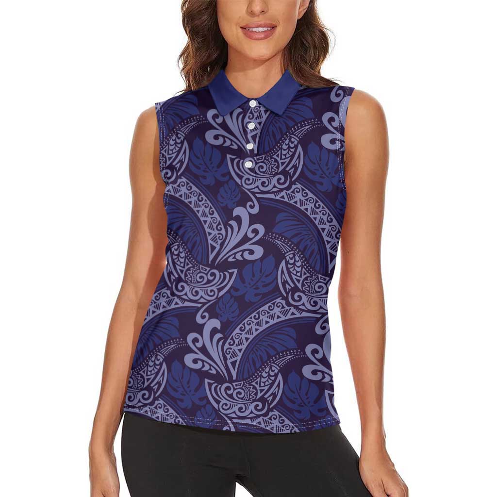 Deep Blue Monstera Women Sleeveless Polo Shirt Polynesian Tribal Pattern - Polynesian Pride