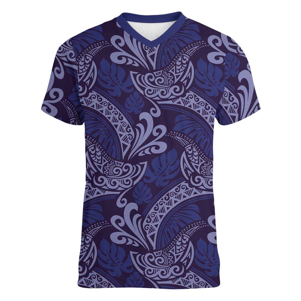 Deep Blue Monstera Women V-Neck T-Shirt Polynesian Tribal Pattern - Polynesian Pride