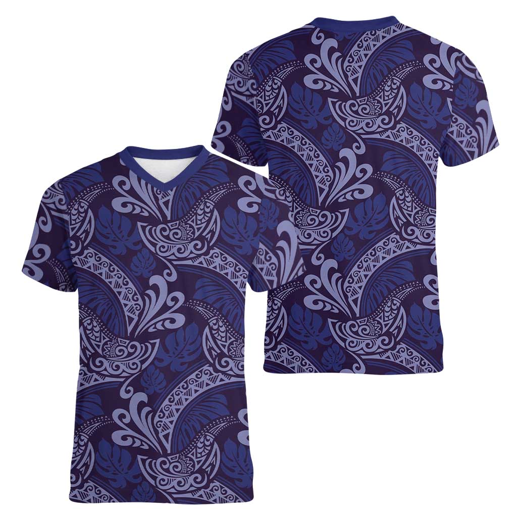 Deep Blue Monstera Women V-Neck T-Shirt Polynesian Tribal Pattern - Polynesian Pride
