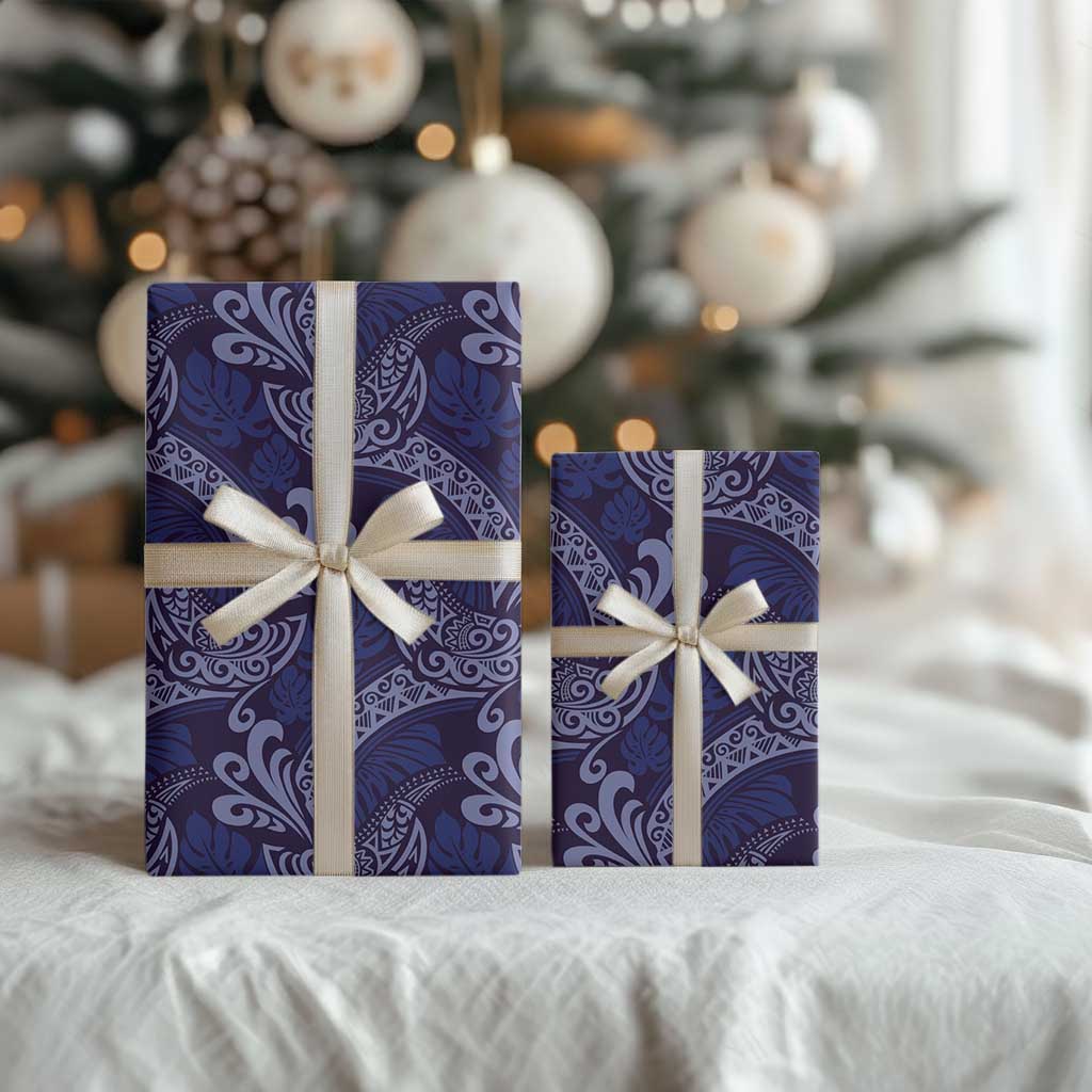 Deep Blue Monstera Wrapping Paper Polynesian Tribal Pattern - Polynesian Pride