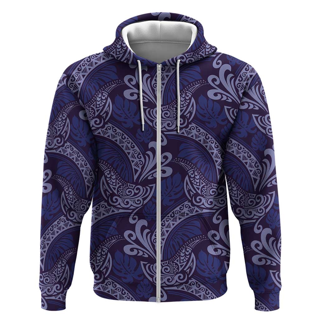 Deep Blue Monstera Zip Hoodie Polynesian Tribal Pattern - Polynesian Pride