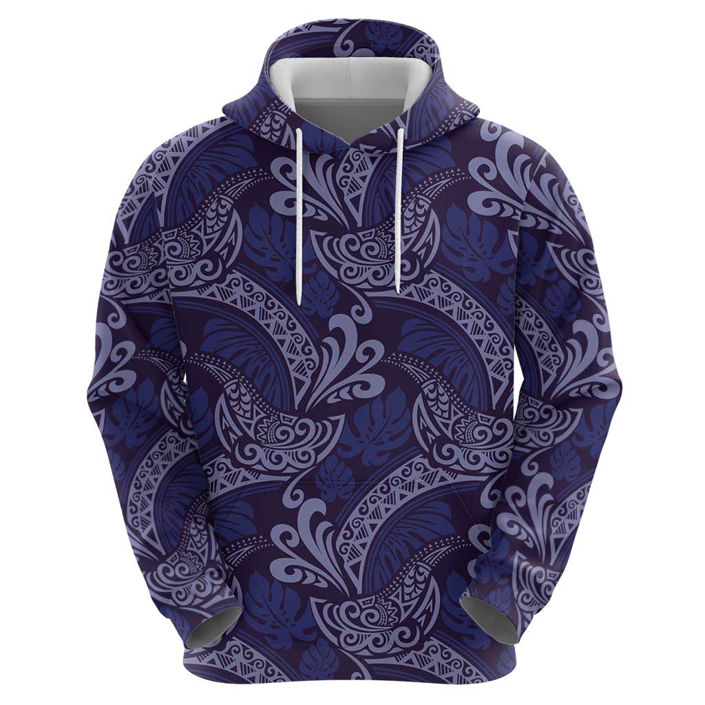 Deep Blue Monstera Zip Hoodie Polynesian Tribal Pattern - Polynesian Pride