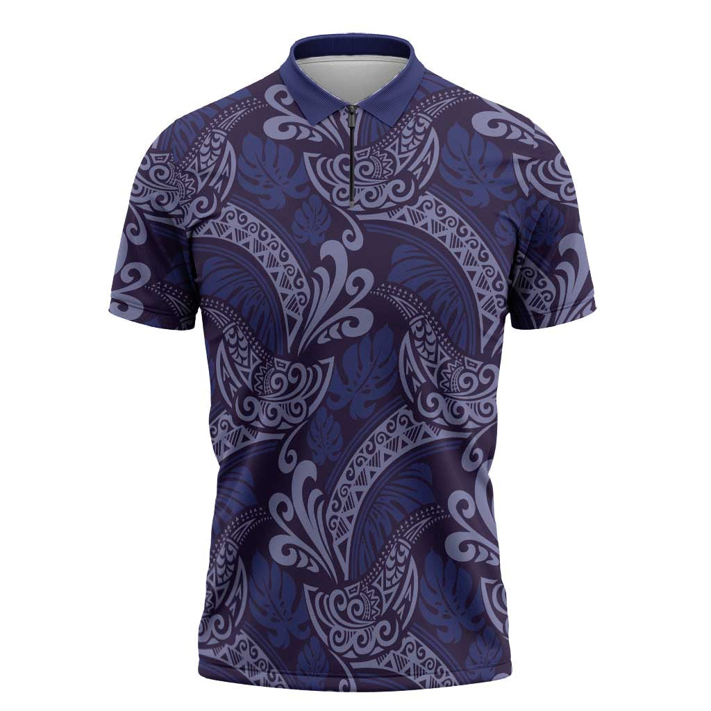 Deep Blue Monstera Zipper Polo Shirt Polynesian Tribal Pattern - Polynesian Pride