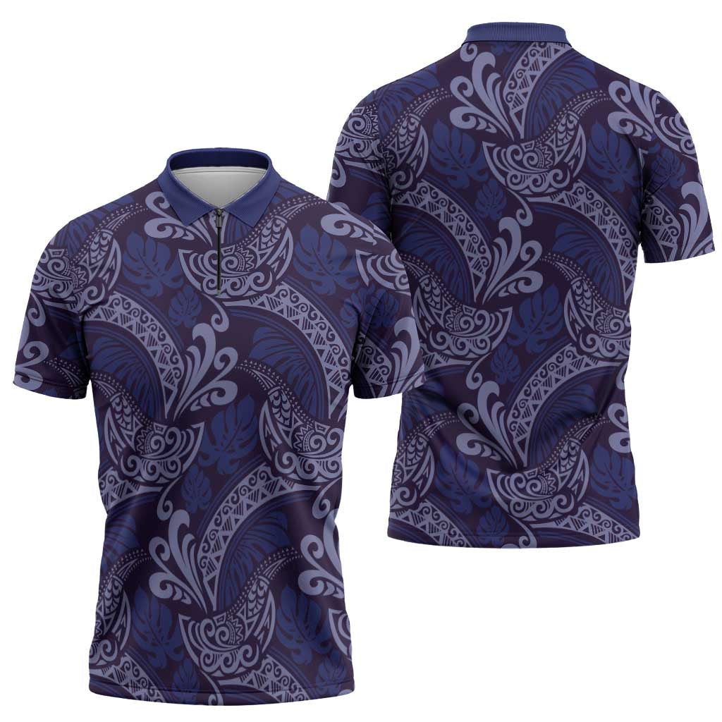 Deep Blue Monstera Zipper Polo Shirt Polynesian Tribal Pattern - Polynesian Pride