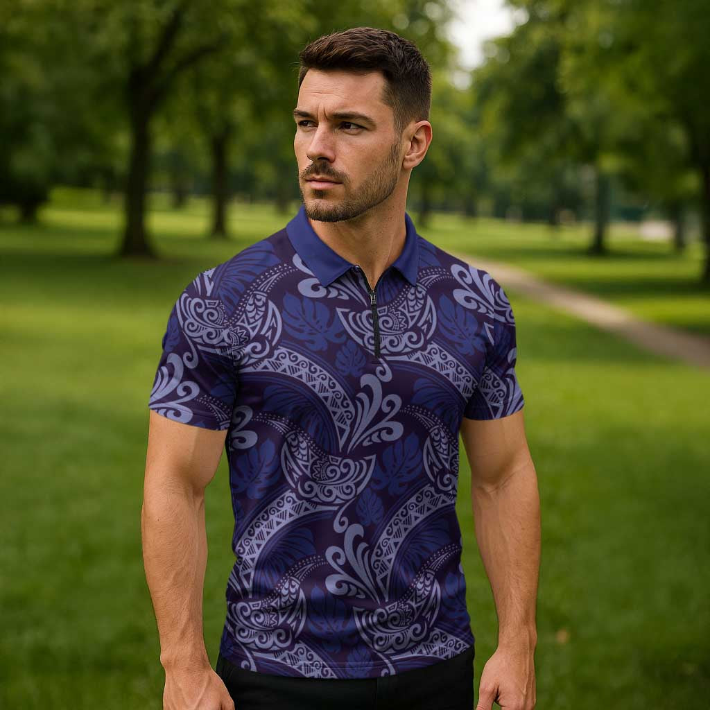 Deep Blue Monstera Zipper Polo Shirt Polynesian Tribal Pattern - Polynesian Pride