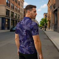 Deep Blue Monstera Zipper Polo Shirt Polynesian Tribal Pattern - Polynesian Pride