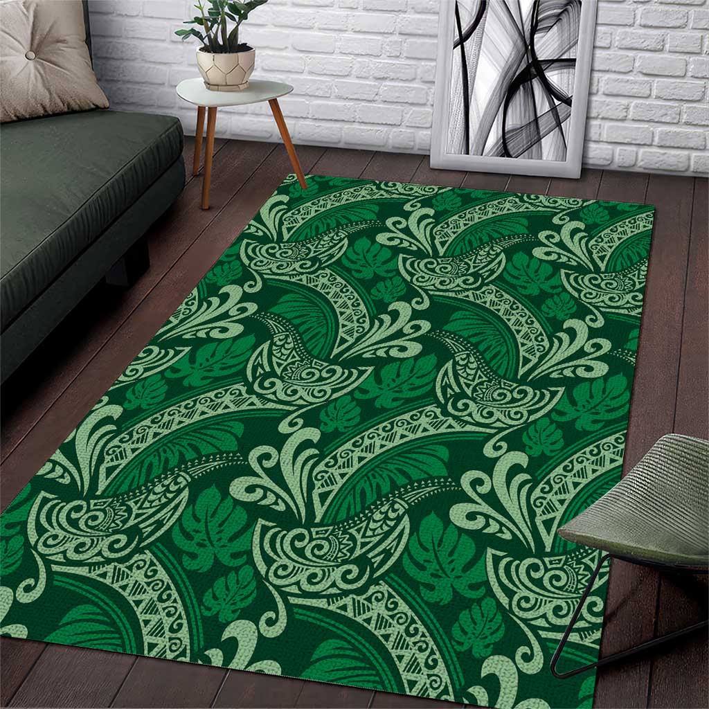 Forest Green Monstera Area Rug Polynesian Tribal Pattern - Polynesian Pride