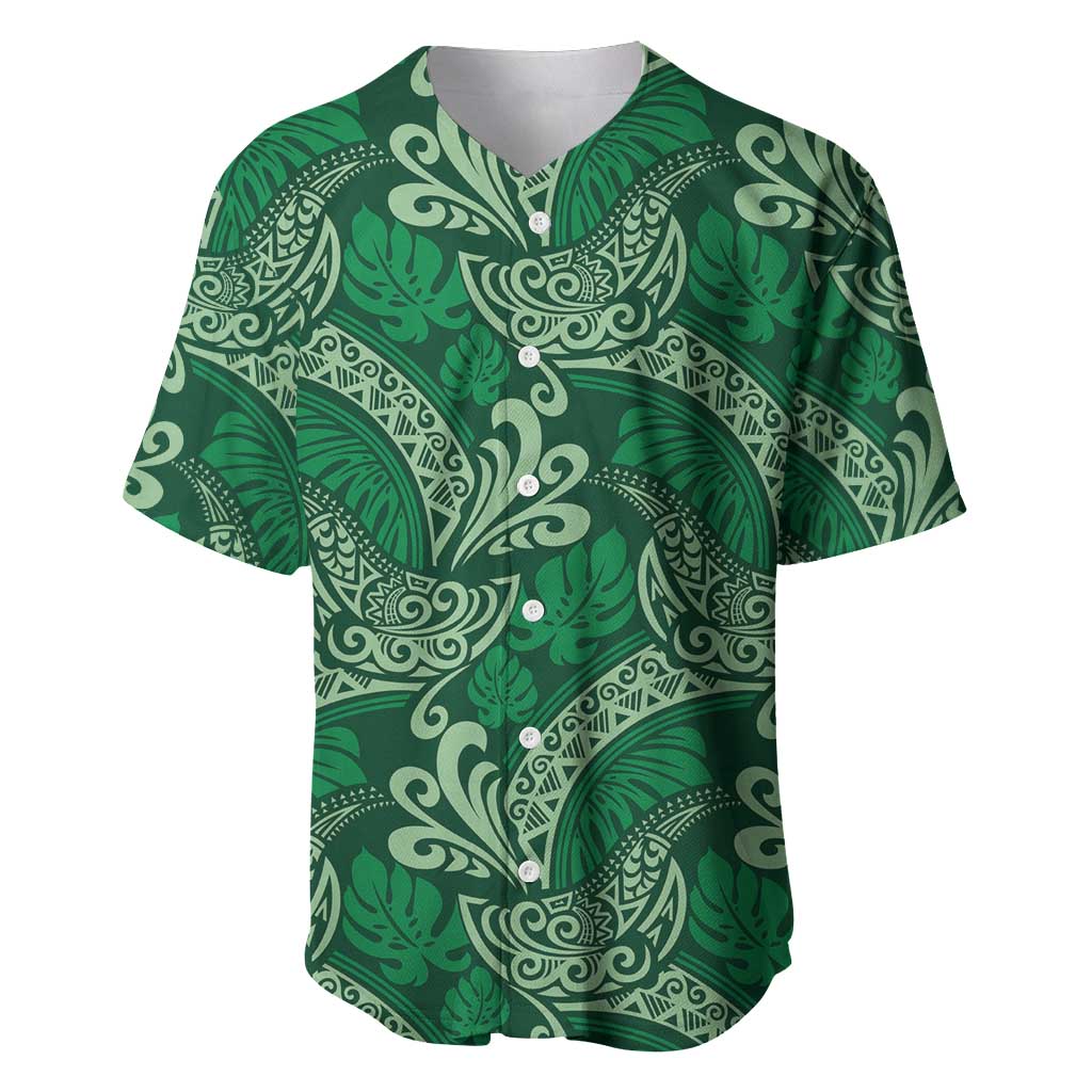 Forest Green Monstera Baseball Jersey Polynesian Tribal Pattern - Polynesian Pride