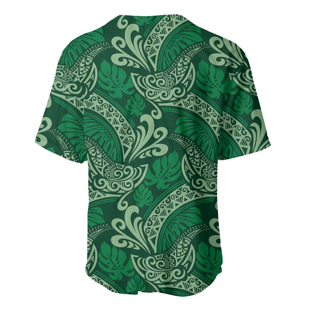 Forest Green Monstera Baseball Jersey Polynesian Tribal Pattern - Polynesian Pride