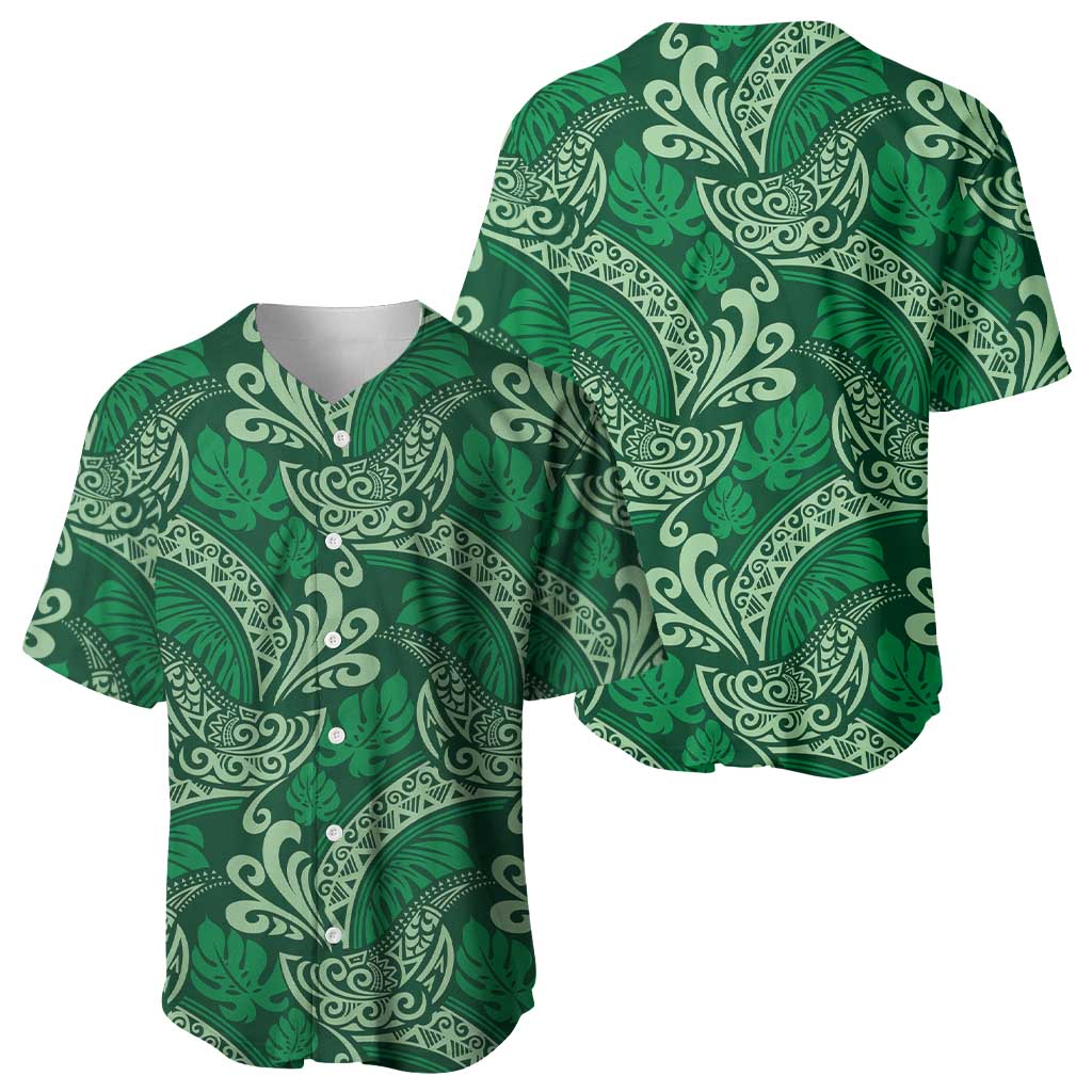 Forest Green Monstera Baseball Jersey Polynesian Tribal Pattern - Polynesian Pride