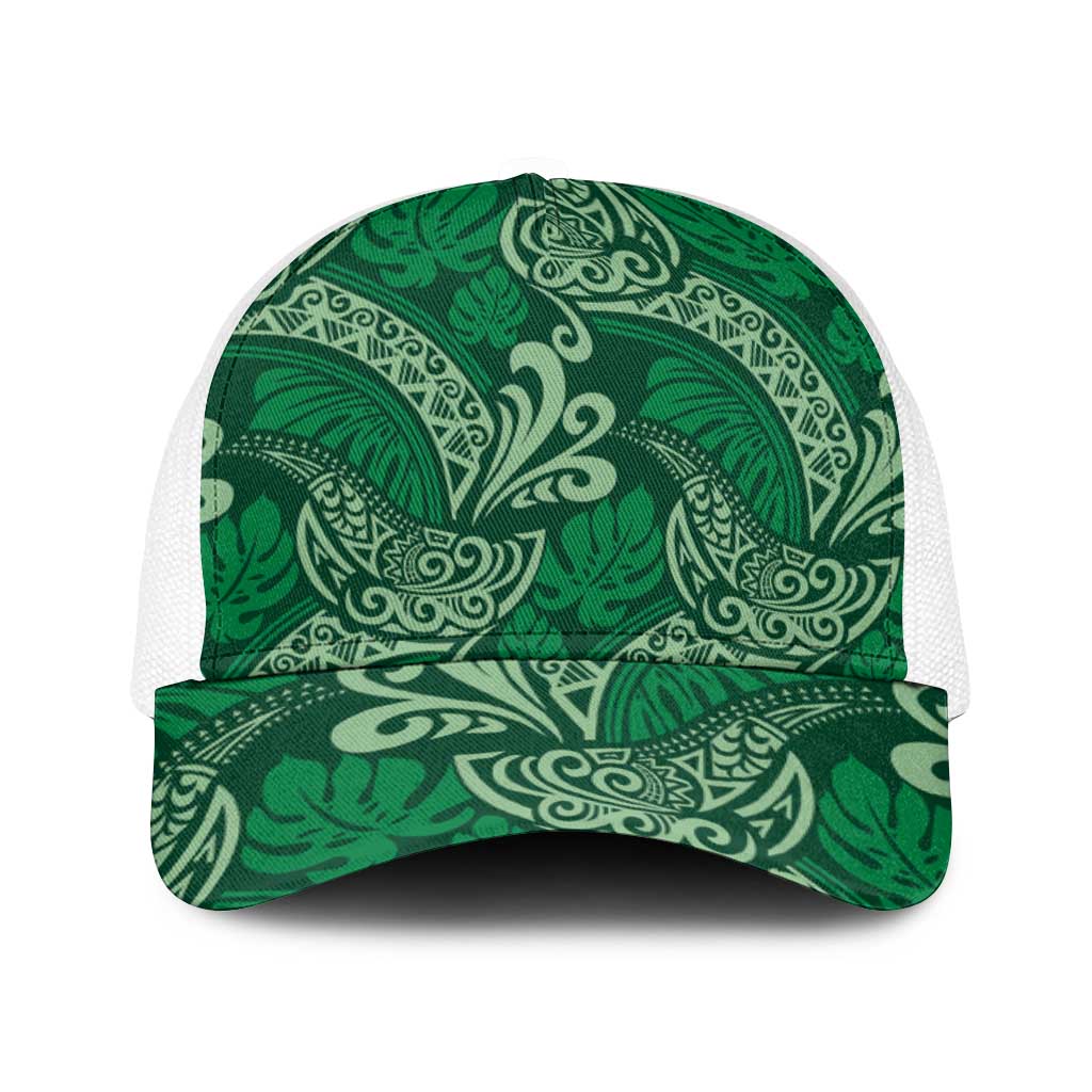 Forest Green Monstera Baseball Net Cap Polynesian Tribal Pattern - Polynesian Pride