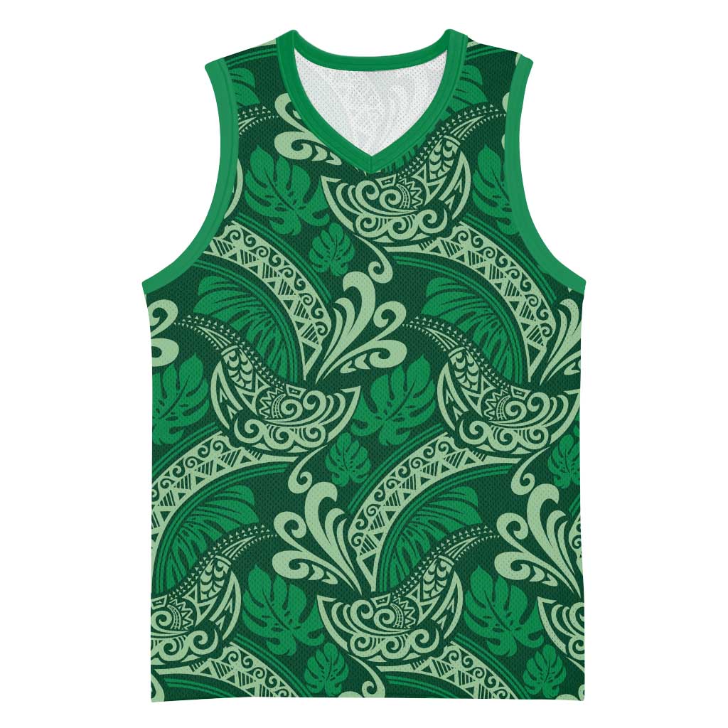 Forest Green Monstera Basketball Jersey Polynesian Tribal Pattern - Polynesian Pride