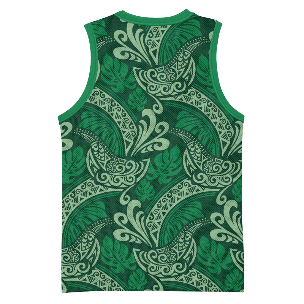 Forest Green Monstera Basketball Jersey Polynesian Tribal Pattern - Polynesian Pride