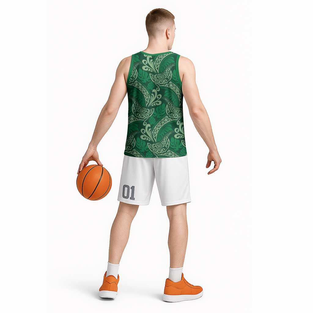 Forest Green Monstera Basketball Jersey Polynesian Tribal Pattern - Polynesian Pride