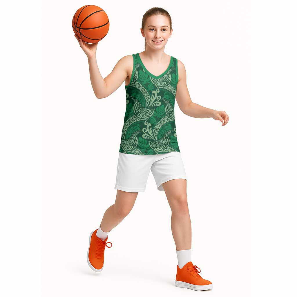 Forest Green Monstera Basketball Jersey Polynesian Tribal Pattern - Polynesian Pride