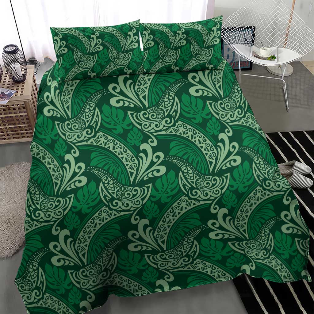 Forest Green Monstera Bedding Set Polynesian Tribal Pattern - Polynesian Pride