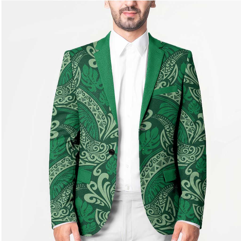 Forest Green Monstera Blazer Polynesian Tribal Pattern - Polynesian Pride