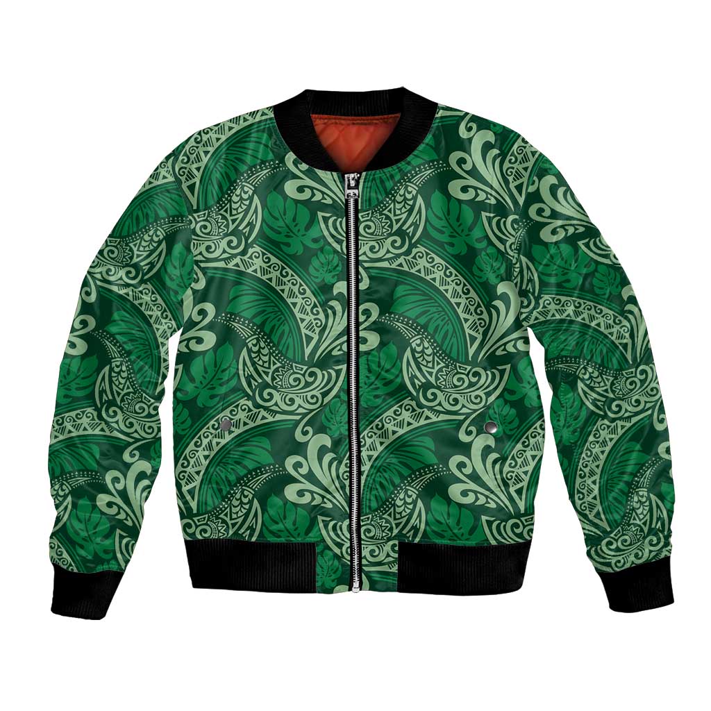 Forest Green Monstera Bomber Jacket Polynesian Tribal Pattern - Polynesian Pride