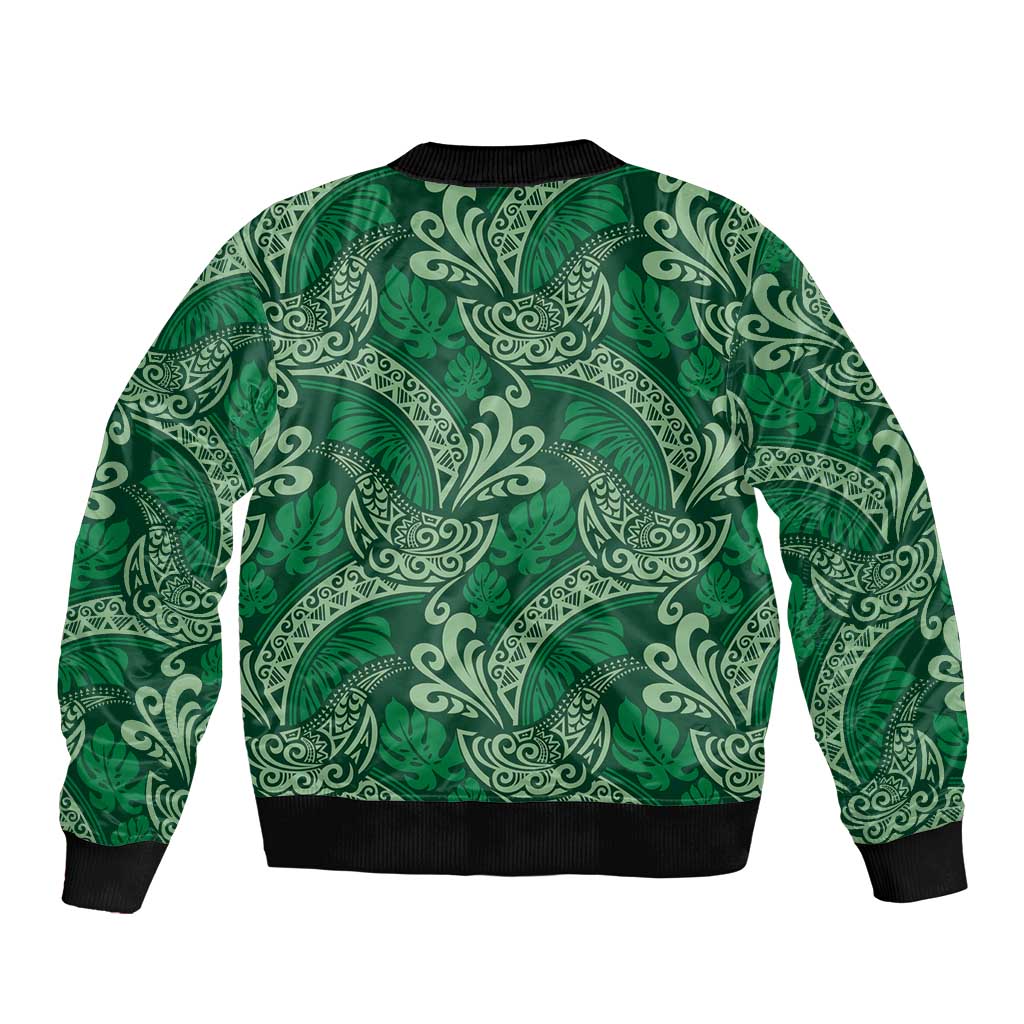 Forest Green Monstera Bomber Jacket Polynesian Tribal Pattern - Polynesian Pride