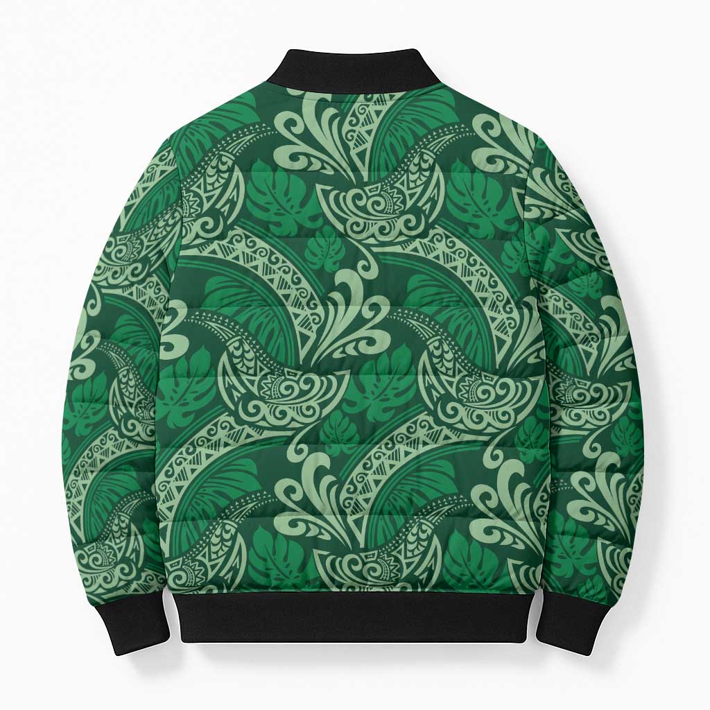 Forest Green Monstera Bomber Puffer Jacket Polynesian Tribal Pattern - Polynesian Pride