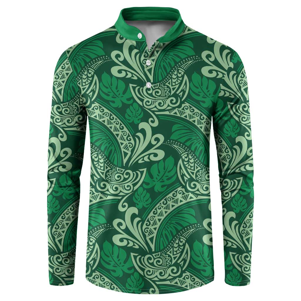 Forest Green Monstera Button Sweatshirt Polynesian Tribal Pattern - Polynesian Pride
