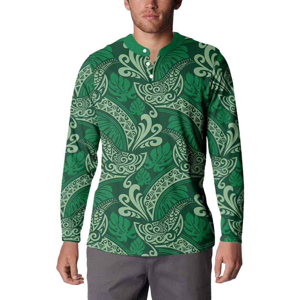 Forest Green Monstera Button Sweatshirt Polynesian Tribal Pattern - Polynesian Pride
