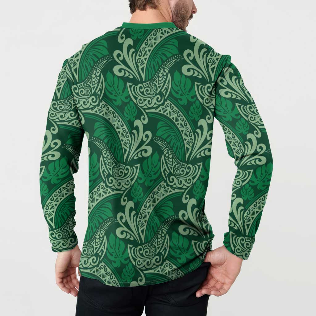 Forest Green Monstera Button Sweatshirt Polynesian Tribal Pattern - Polynesian Pride