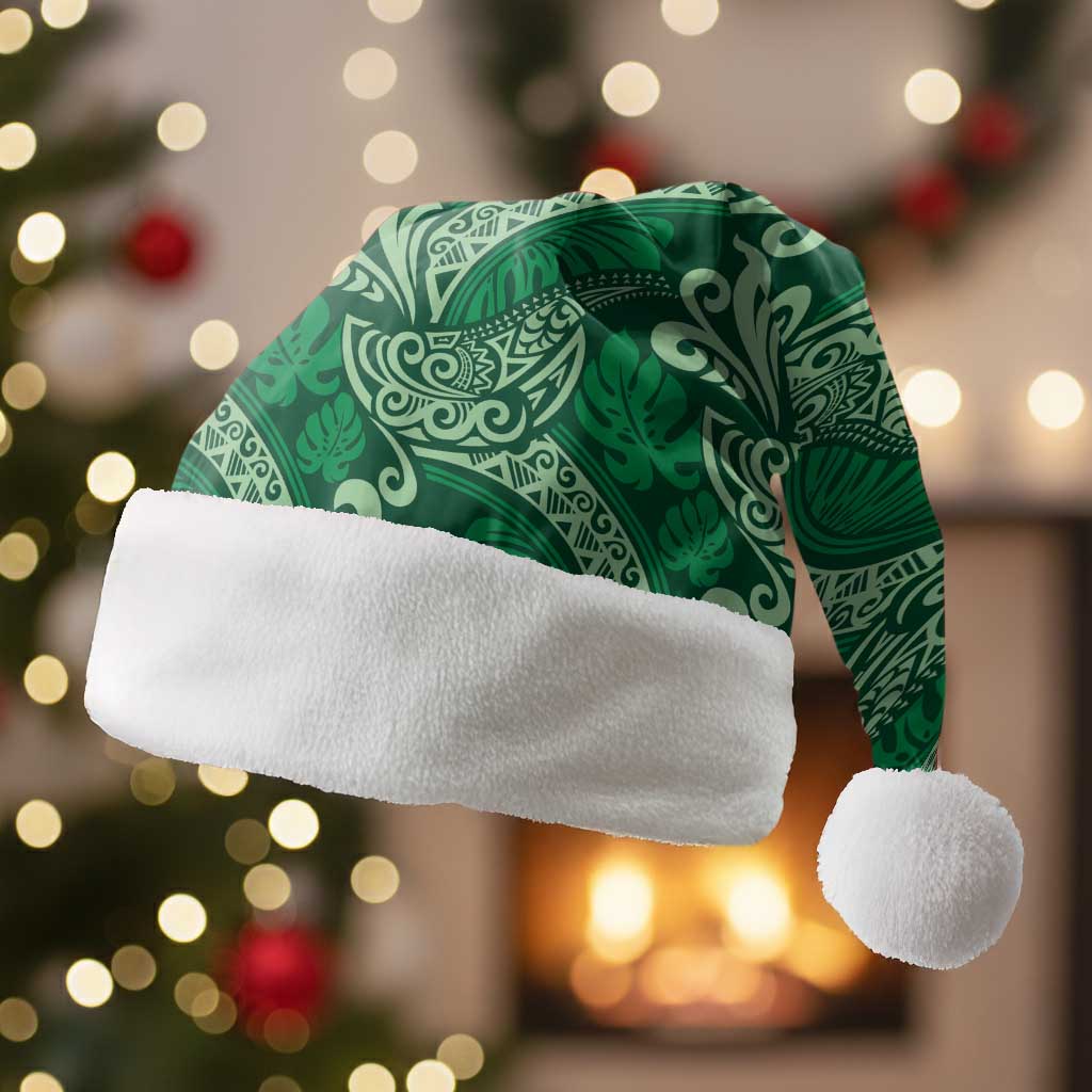 Forest Green Monstera Christmas Santa Hat Polynesian Tribal Pattern - Polynesian Pride