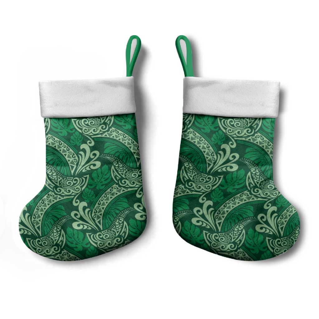 Forest Green Monstera Christmas Stocking Polynesian Tribal Pattern - Polynesian Pride