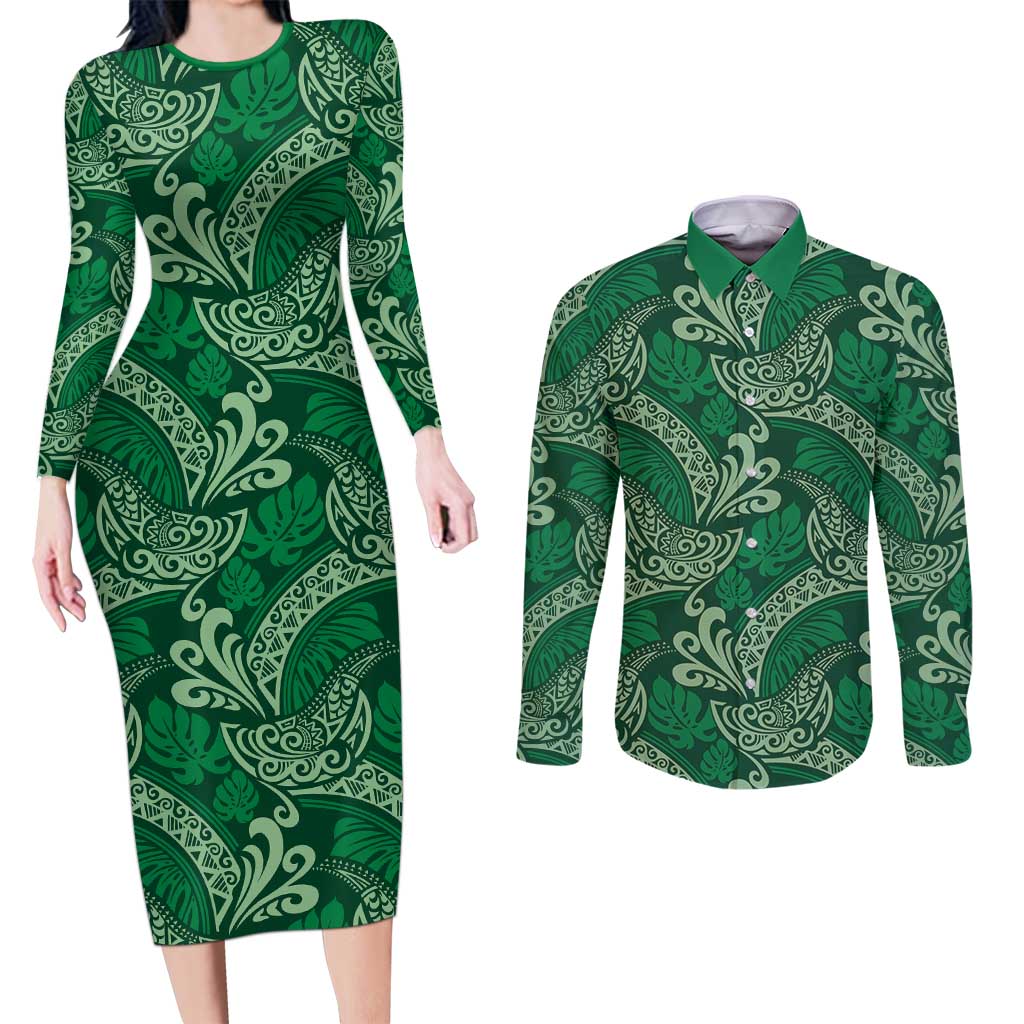 Forest Green Monstera Couples Matching Long Sleeve Bodycon Dress and Long Sleeve Button Shirt Polynesian Tribal Pattern - Polynesian Pride