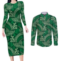 Forest Green Monstera Couples Matching Long Sleeve Bodycon Dress and Long Sleeve Button Shirt Polynesian Tribal Pattern - Polynesian Pride