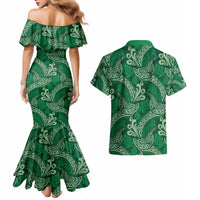 Forest Green Monstera Couples Matching Mermaid Dress and Hawaiian Shirt Polynesian Tribal Pattern - Polynesian Pride
