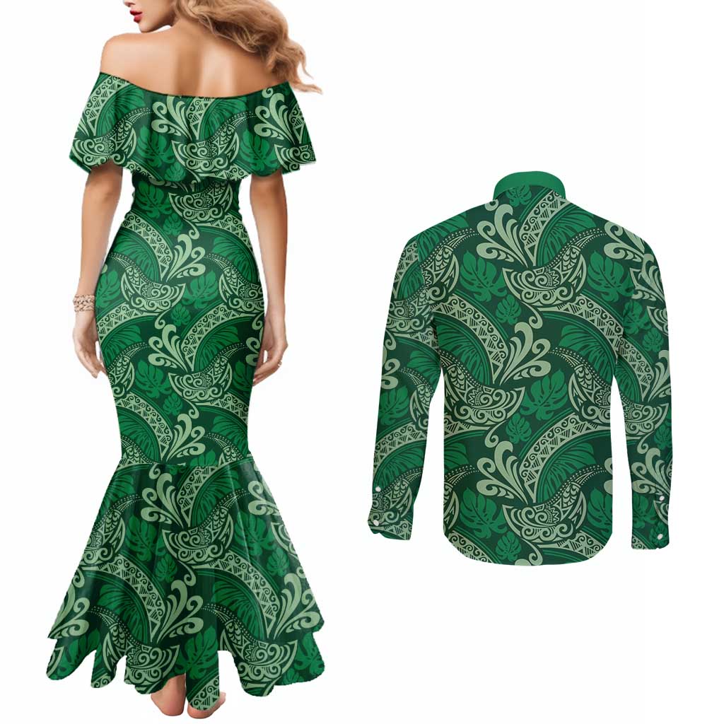 Forest Green Monstera Couples Matching Mermaid Dress and Long Sleeve Button Shirt Polynesian Tribal Pattern - Polynesian Pride