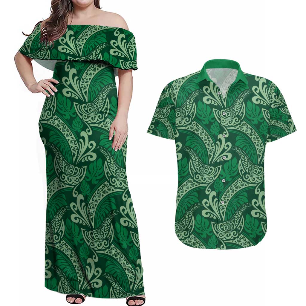Forest Green Monstera Couples Matching Off Shoulder Maxi Dress and Hawaiian Shirt Polynesian Tribal Pattern - Polynesian Pride