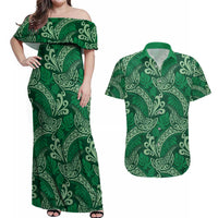 Forest Green Monstera Couples Matching Off Shoulder Maxi Dress and Hawaiian Shirt Polynesian Tribal Pattern - Polynesian Pride
