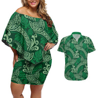 Forest Green Monstera Couples Matching Off Shoulder Short Dress and Hawaiian Shirt Polynesian Tribal Pattern - Polynesian Pride