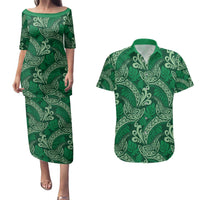 Forest Green Monstera Couples Matching Puletasi and Hawaiian Shirt Polynesian Tribal Pattern - Polynesian Pride