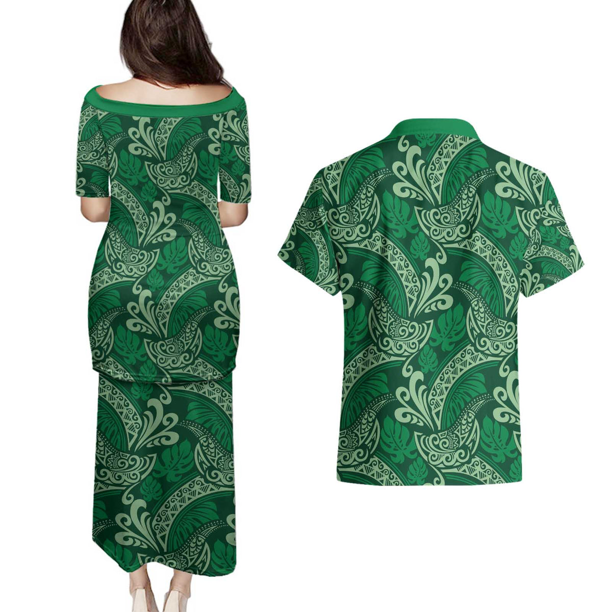 Forest Green Monstera Couples Matching Puletasi and Hawaiian Shirt Polynesian Tribal Pattern - Polynesian Pride