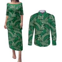 Forest Green Monstera Couples Matching Puletasi and Long Sleeve Button Shirt Polynesian Tribal Pattern - Polynesian Pride