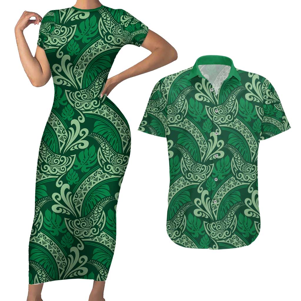 Forest Green Monstera Couples Matching Short Sleeve Bodycon Dress and Hawaiian Shirt Polynesian Tribal Pattern - Polynesian Pride