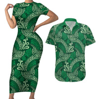 Forest Green Monstera Couples Matching Short Sleeve Bodycon Dress and Hawaiian Shirt Polynesian Tribal Pattern - Polynesian Pride