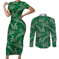 Forest Green Monstera Couples Matching Short Sleeve Bodycon Dress and Long Sleeve Button Shirt Polynesian Tribal Pattern - Polynesian Pride