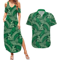 Forest Green Monstera Couples Matching Summer Maxi Dress and Hawaiian Shirt Polynesian Tribal Pattern - Polynesian Pride