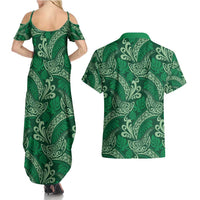 Forest Green Monstera Couples Matching Summer Maxi Dress and Hawaiian Shirt Polynesian Tribal Pattern - Polynesian Pride