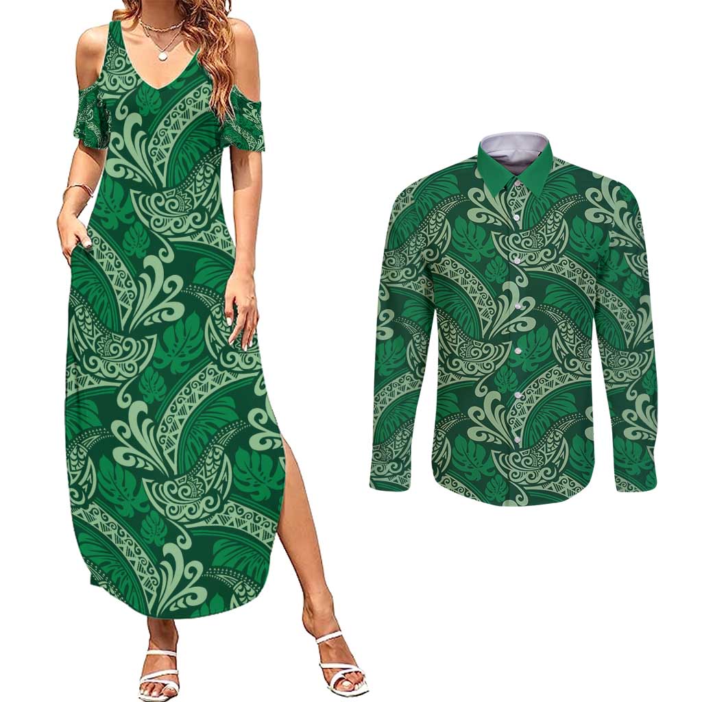 Forest Green Monstera Couples Matching Summer Maxi Dress and Long Sleeve Button Shirt Polynesian Tribal Pattern - Polynesian Pride