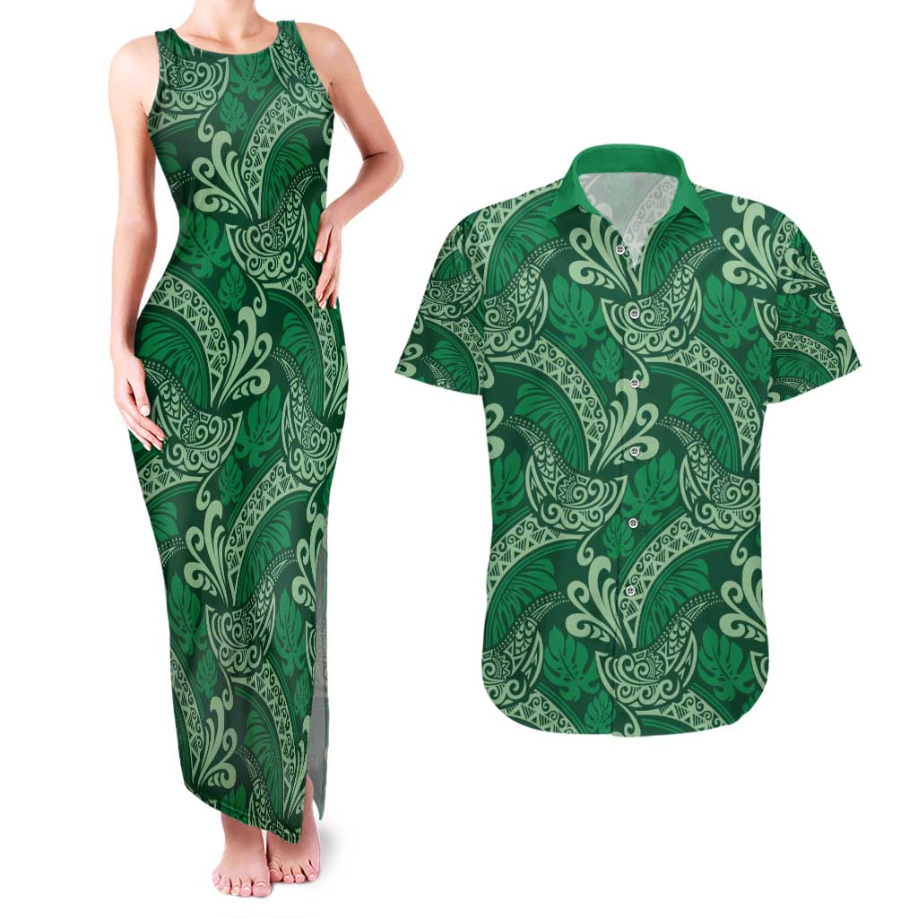 Forest Green Monstera Couples Matching Tank Maxi Dress and Hawaiian Shirt Polynesian Tribal Pattern - Polynesian Pride