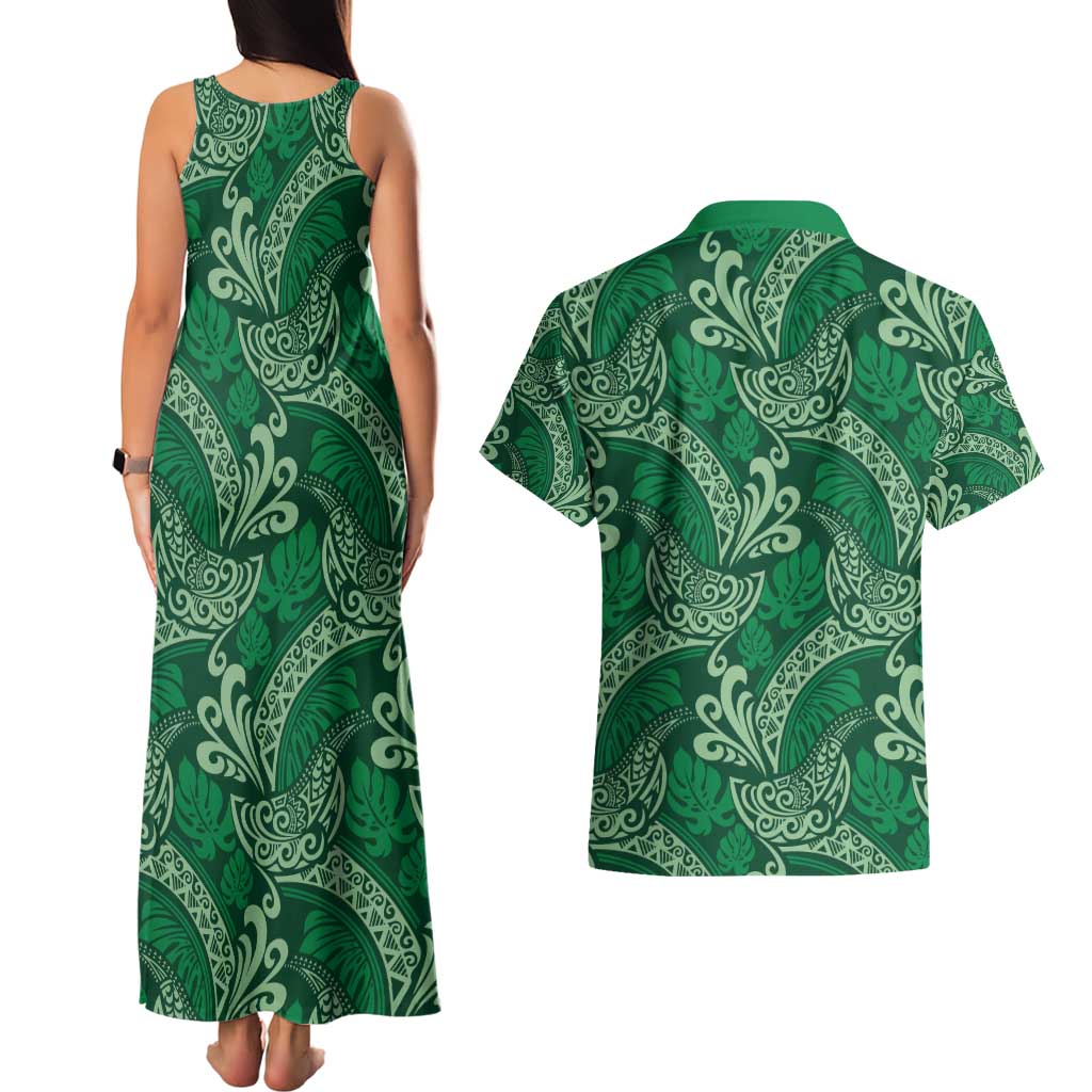 Forest Green Monstera Couples Matching Tank Maxi Dress and Hawaiian Shirt Polynesian Tribal Pattern - Polynesian Pride